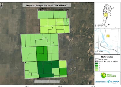 El mapa de la superficie que se expropiaría para crear el Parque Nacional El Caldenal