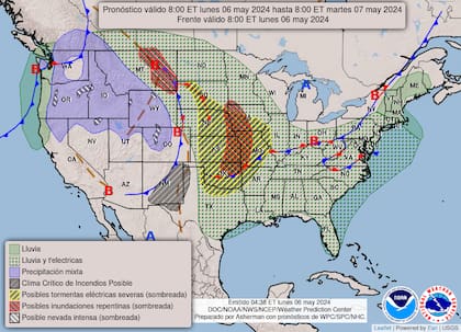 El mapa de las alertas de la NOAA para este lunes 6 de mayo