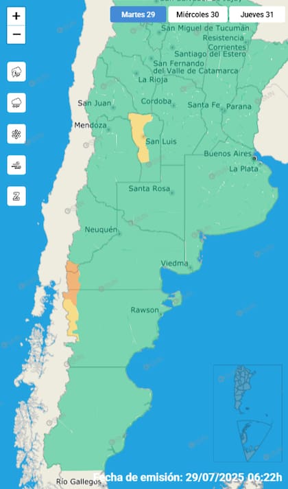 El mapa de las alertas para este martes.