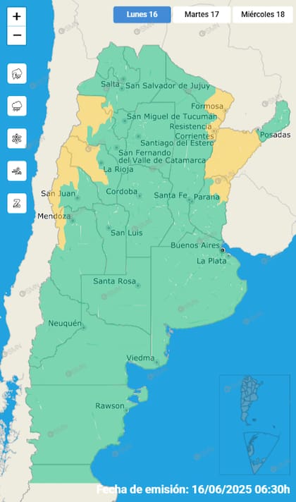 El mapa de las alertas para este lunes.