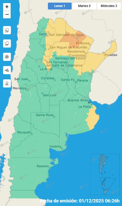 El mapa de las alertas para este lunes.