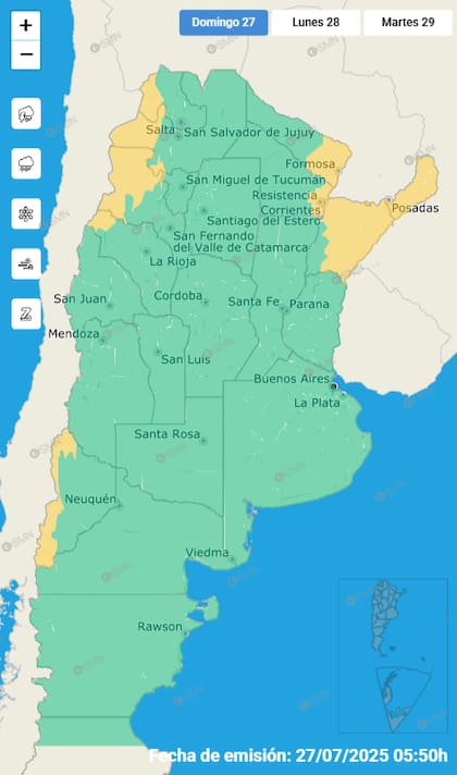 El mapa de las alertas para este domingo.