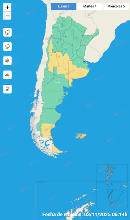 El mapa de las alertas para este lunes 3 de noviembre.