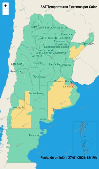 El mapa de las alertas por calor para este miércoles.