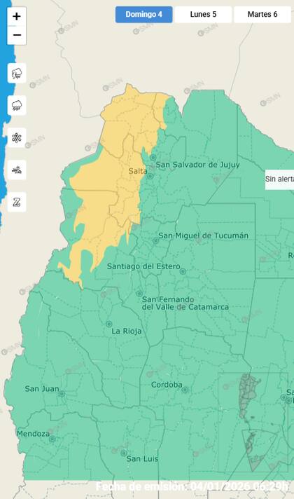 El mapa de las alertas por tormentas para este domingo.
