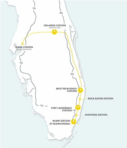 El mapa de las estaciones Brightline en el estado de Florida
