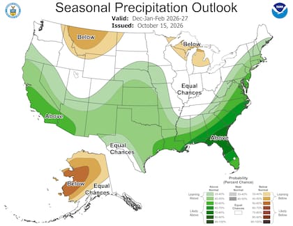 El mapa de las precipitaciones para los próximos tres meses. En verde, las zonas con lluvias por sobre la media