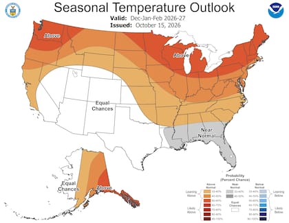 El mapa de las temperaturas para los próximos tres meses. En naranja, las zonas con valores por sobre la media