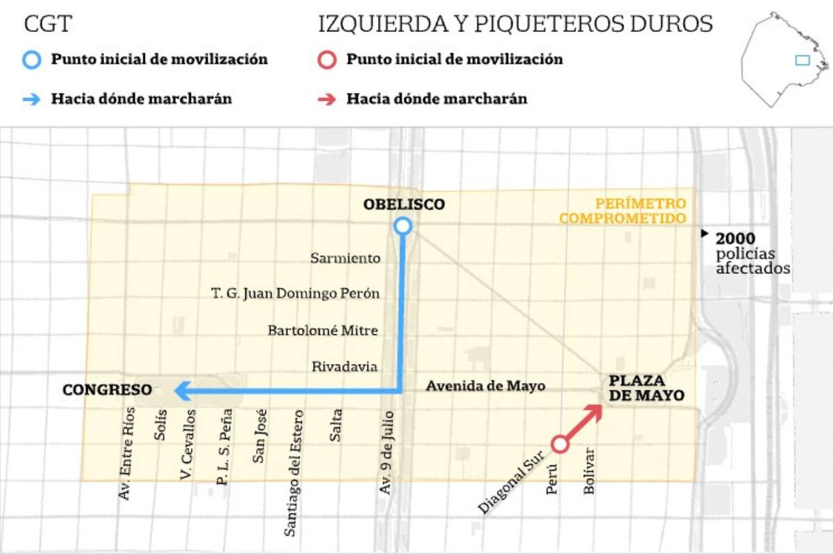 El mapa de los cortes del miércoles 17 de agosto debido a la marcha de la CGT y organizaciones de izquierda
