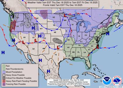 El mapa de los eventos climáticos esperados este jueves 18 de diciembre