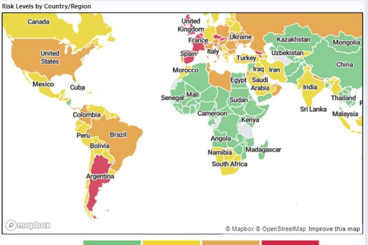 El mapa de niveles de riesgo de coronavirus del Harvard Global Institute