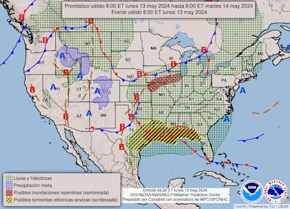 El mapa de NOAA por el pronóstico para este lunes 13 de mayo