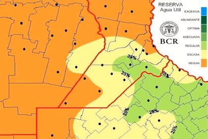 El mapa de reserva de agua útil en la zona núcleo muestra grandes superficies con sequía