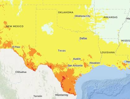El mapa de riesgo de calor en Texas