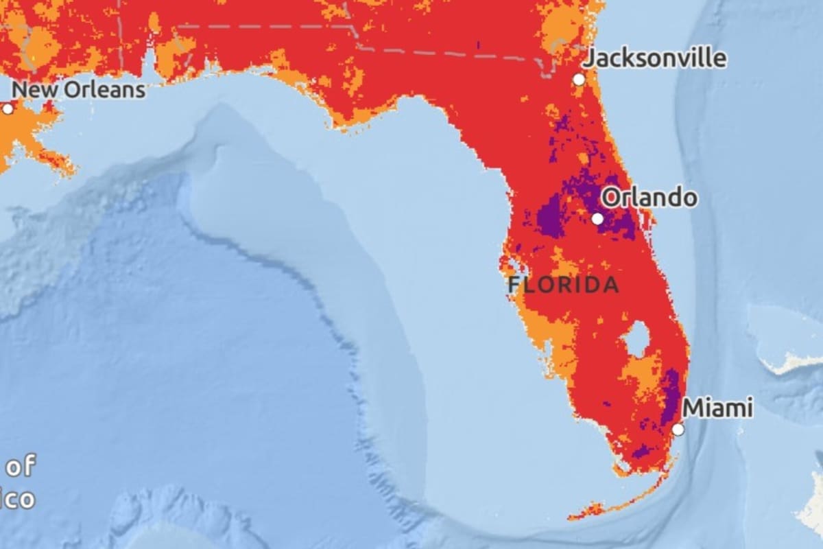 El mapa de riesgo de calor en el estado de Florida, EE.UU.