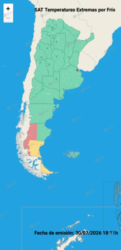 El mapa de temperaturas extremas del SMN para este viernes
