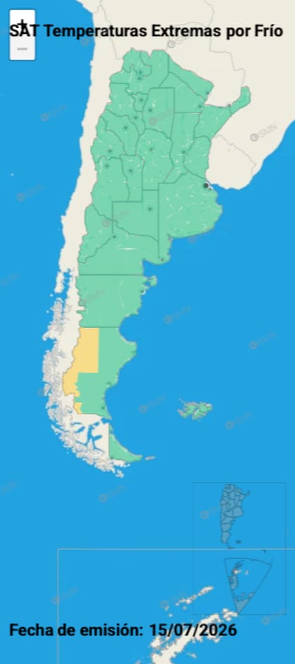 El mapa de temperaturas extremas del SMN para este jueves
