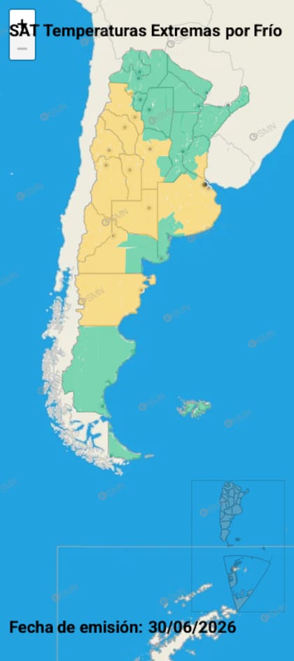 El mapa de temperaturas extremas del SMN para este miércoles