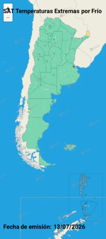 El mapa de temperaturas extremas del SMN para este martes