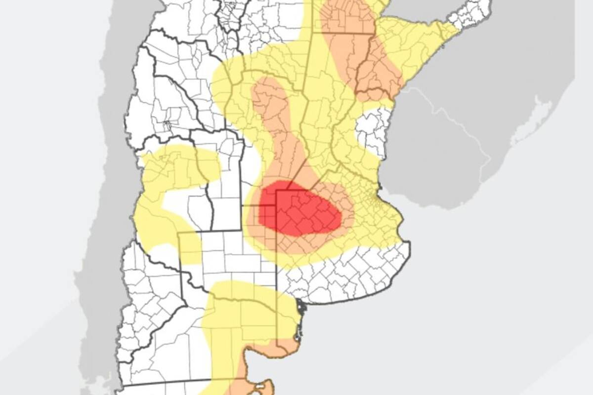 El mapa del estado de la sequía: el amarillo indica leve; el naranja moderado y el rojo severo