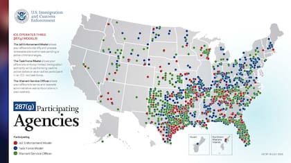 El mapa del ICE que muestra cómo se distribuyen los acuerdos 287(g) en todo EE.UU. y bajo qué modalidad lo hacen en cada región