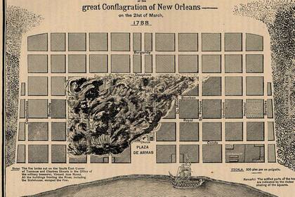 El mapa del incendio que quemó gran parte de la ciudad en 1778. Fuente: Wikipedia.