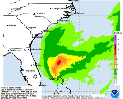El mapa del NHC que muestra las zonas afectadas por la trayectoria de la tormenta tropical Imelda