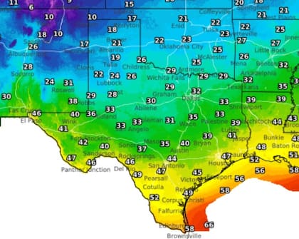 El mapa del pronóstico de la temperatura en Texas para las primeras horas del domingo