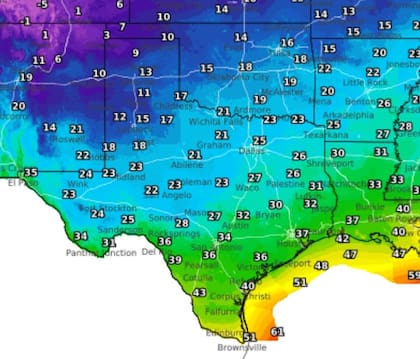 El mapa del pronóstico de la temperatura en Texas para el domingo al mediodía (en grados Fahrenheit)