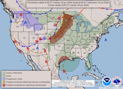 El mapa del pronóstico del clima de EE.UU. para este martes 18 de junio