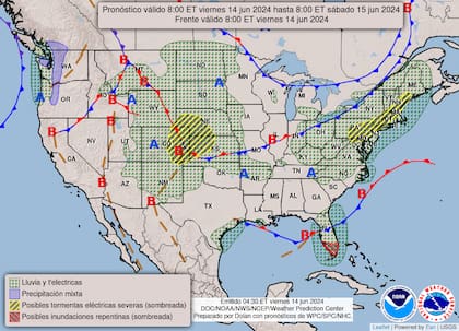 El mapa del pronóstico del clima de EE.UU. para este viernes 14 de junio
