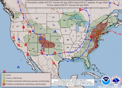 El mapa del pronóstico del clima en EE.UU. este viernes 9 de agosto