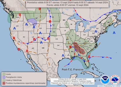 El mapa del pronóstico del clima en EE.UU. para este viernes 13 de septiembre