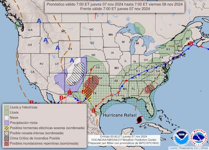 El mapa del pronóstico del clima en EE.UU. para este jueves 7 de noviembre