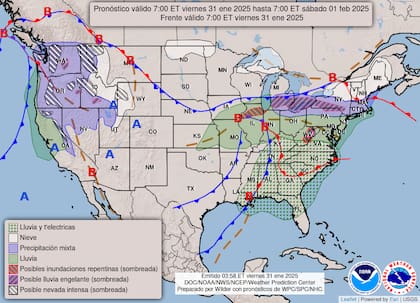 El mapa del pronóstico del clima en EE.UU. para este viernes 31 de enero