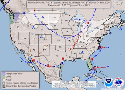 El mapa del pronóstico del clima en EE.UU. para este jueves 23 de enero