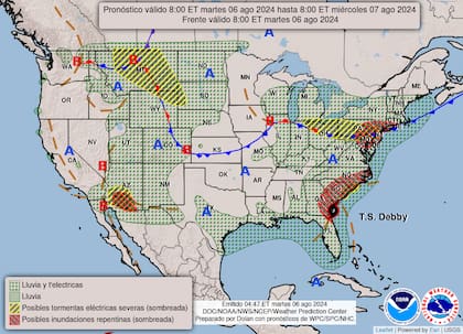 El mapa del pronóstico del clima en EE.UU. para este martes 6 de agosto