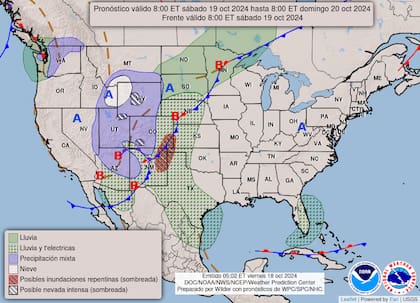 El mapa del pronóstico del clima en EE.UU. para este sábado 20 de octubre