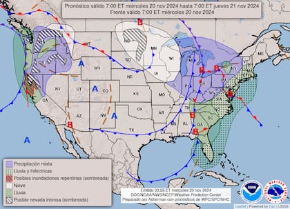 El mapa del pronóstico del clima en EE.UU. para este miércoles 20 de noviembre