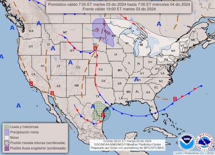 El mapa del pronóstico del clima en EE.UU. para este miércoles 3 de diciembre