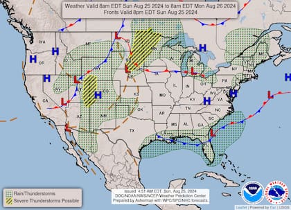El mapa del pronóstico del clima en EE.UU. para este domingo 25 de agosto