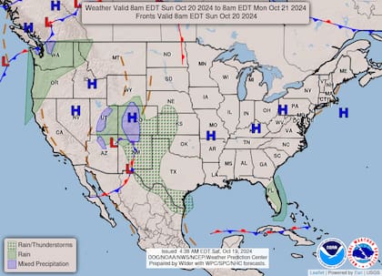 El mapa del pronóstico del clima en EE.UU. para este domingo 20 de octubre