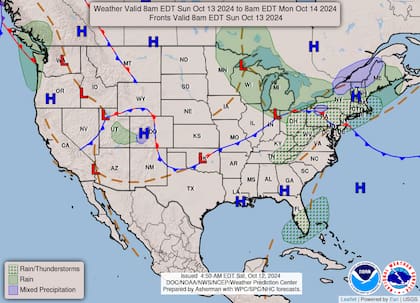 El mapa del pronóstico del clima en EE.UU. para este domingo 12 de octubre