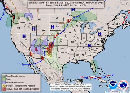 El mapa del pronóstico del clima en EE.UU. para este sábado 19 de octubre
