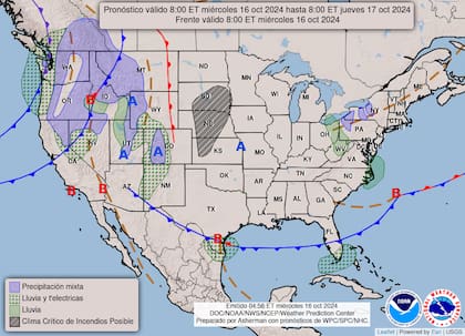 El mapa del pronóstico del clima en EE.UU. para este miércoles 16 de octubre