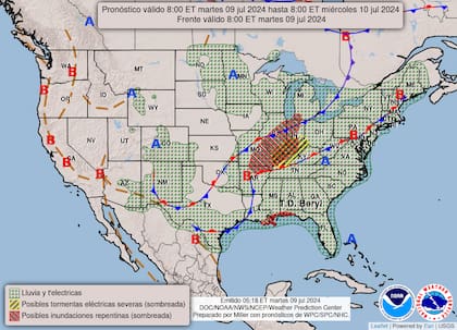 El mapa del pronóstico del clima en EE.UU. para este marrtes 9 de julio