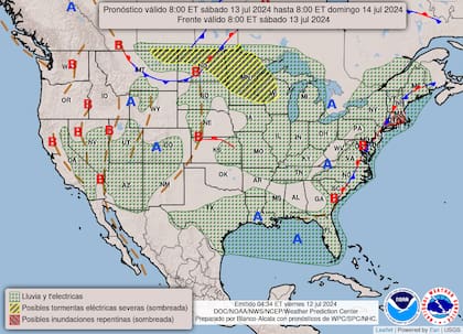 El mapa del pronóstico del clima en EE.UU. para este sábado 13 de julio