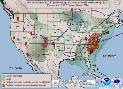 El mapa del pronóstico del clima en EE.UU. para este jueves 8 de agosto