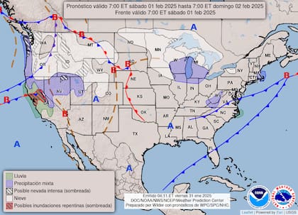 El mapa del pronóstico del clima en EE.UU. para este sábado 1° de febrero
