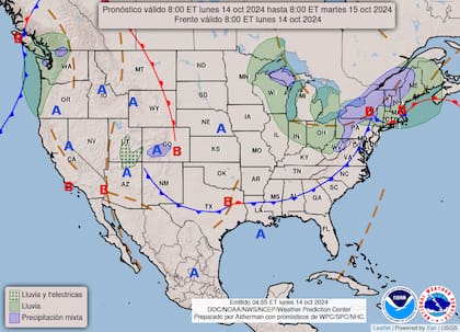 El mapa del pronóstico del clima en EE.UU. para este lunes 14 de octubre